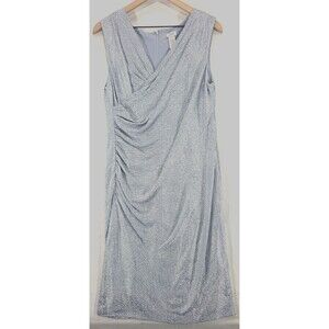 Cache Metallic Cocktail Dress Ruched Sleeveless Blue Silver Party Glam Fairy 14